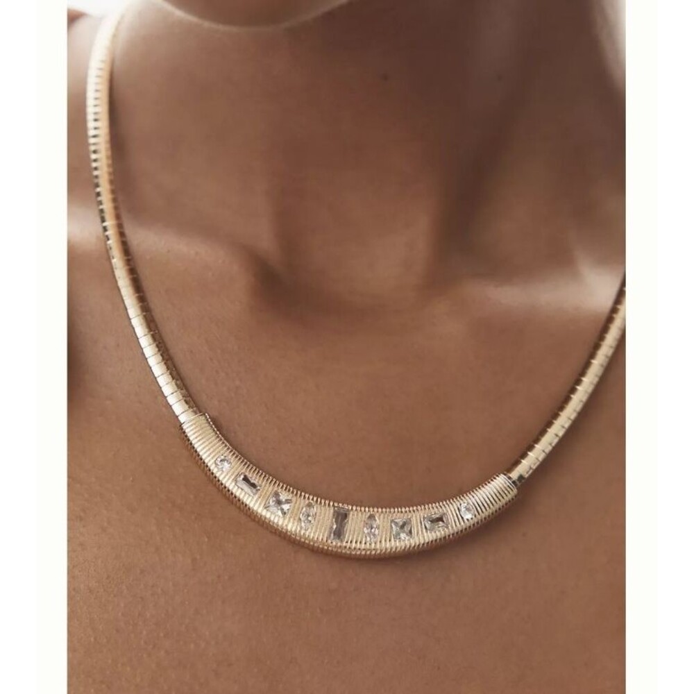 Anthropologie Herringbone Crescent Necklace Gold Cubic Zirconia Ribbed Brass 16"